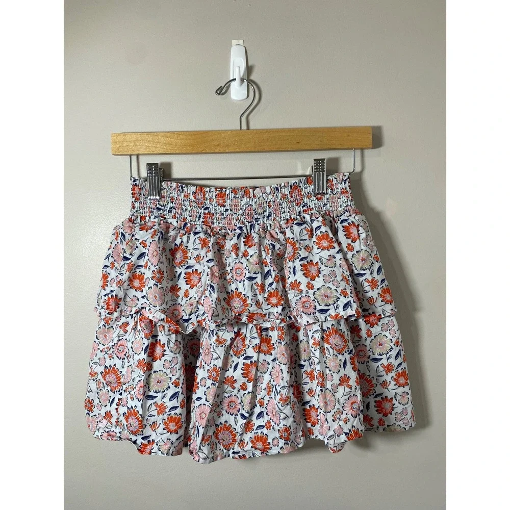 Vineyard Vines Girls Tiered Floral Skirt Size M 10-12 Smocked Waist Ruffle Lined
